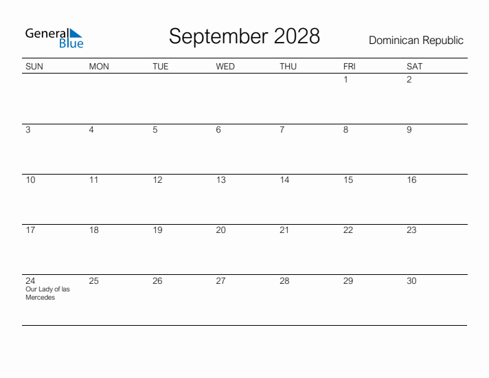 Printable September 2028 Calendar for Dominican Republic