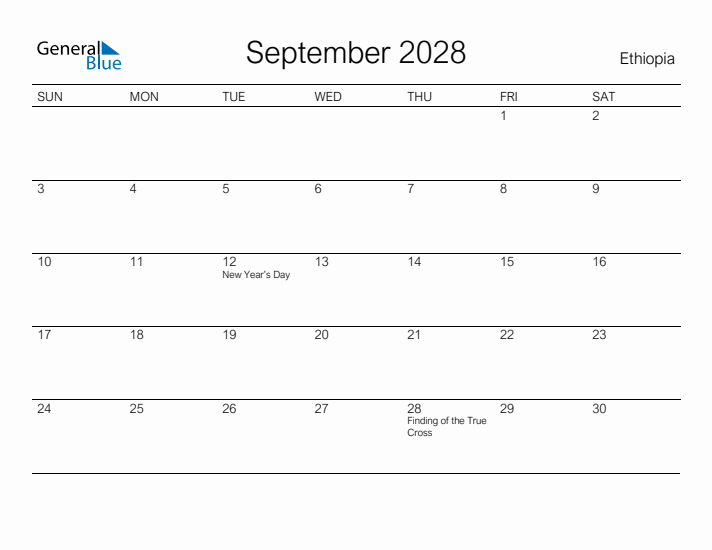 Printable September 2028 Calendar for Ethiopia
