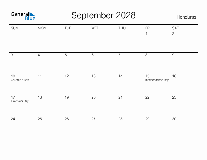 Printable September 2028 Calendar for Honduras