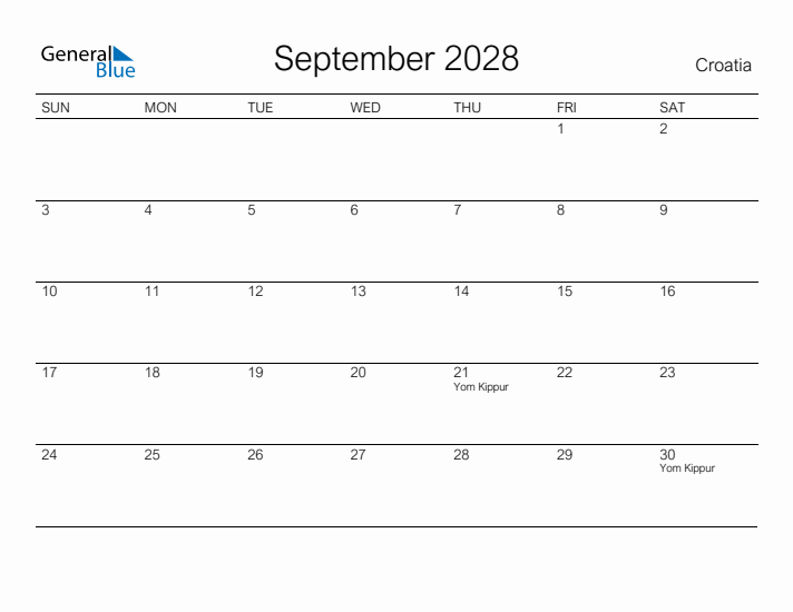 Printable September 2028 Calendar for Croatia