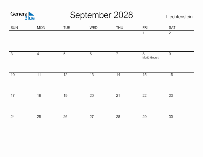 Printable September 2028 Calendar for Liechtenstein