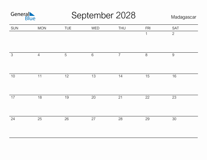 Printable September 2028 Calendar for Madagascar