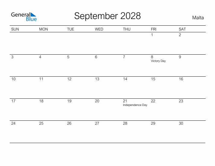 Printable September 2028 Calendar for Malta