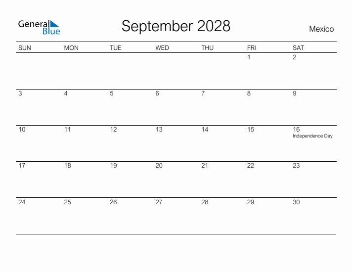 Printable September 2028 Calendar for Mexico