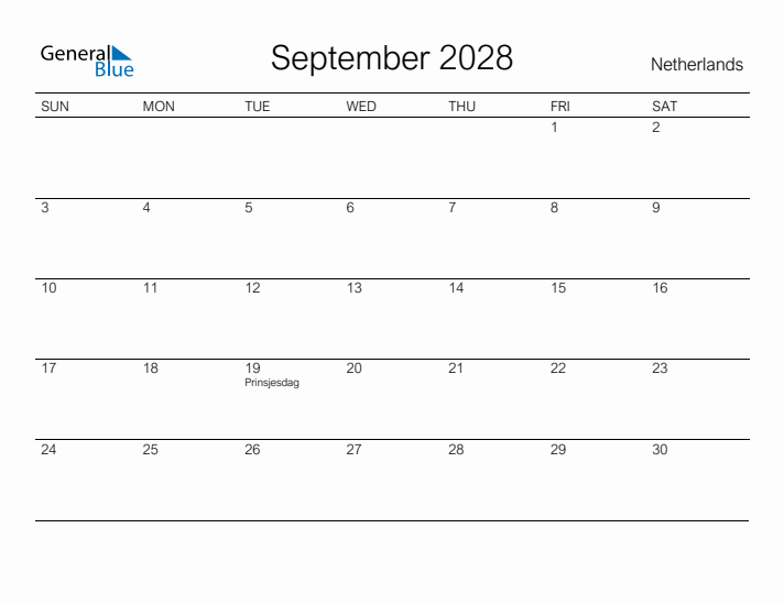 Printable September 2028 Calendar for The Netherlands