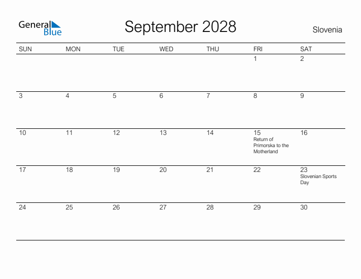 Printable September 2028 Calendar for Slovenia