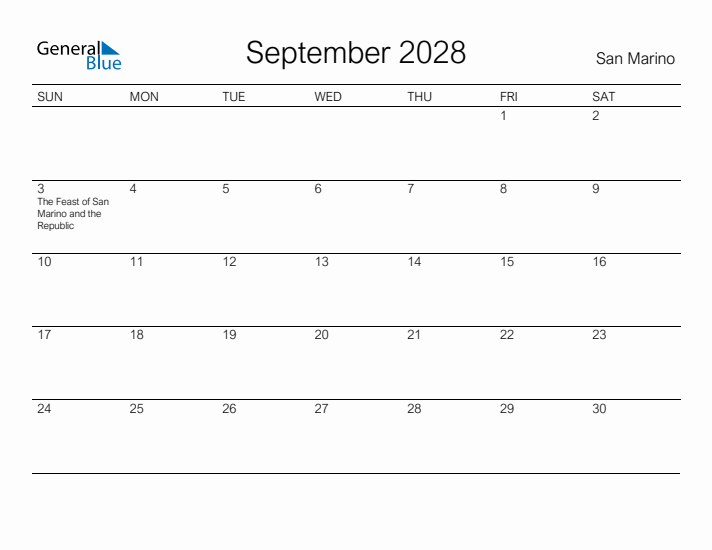 Printable September 2028 Calendar for San Marino