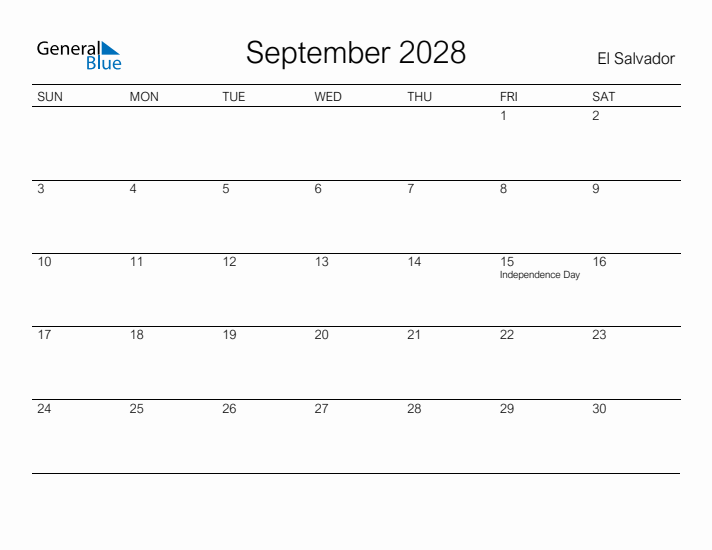 Printable September 2028 Calendar for El Salvador