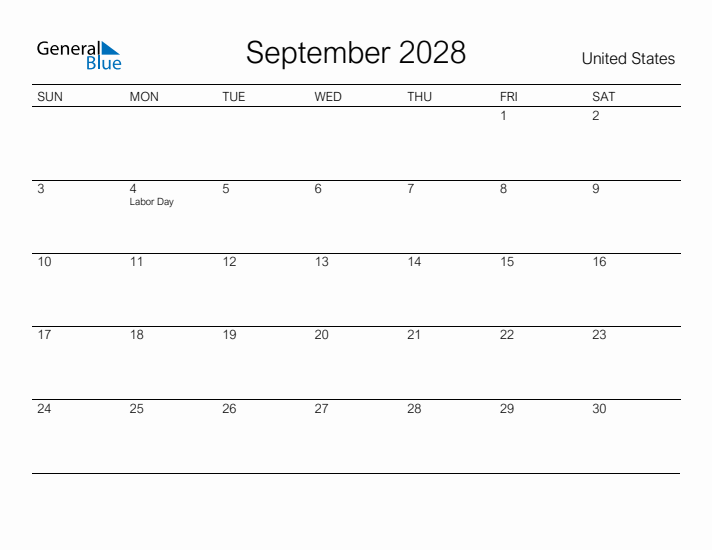 Printable September 2028 Calendar for United States