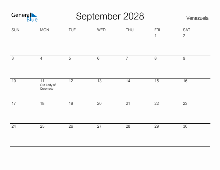Printable September 2028 Calendar for Venezuela