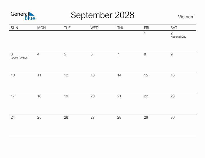 Printable September 2028 Calendar for Vietnam