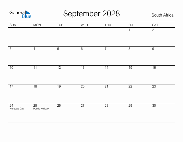 Printable September 2028 Calendar for South Africa