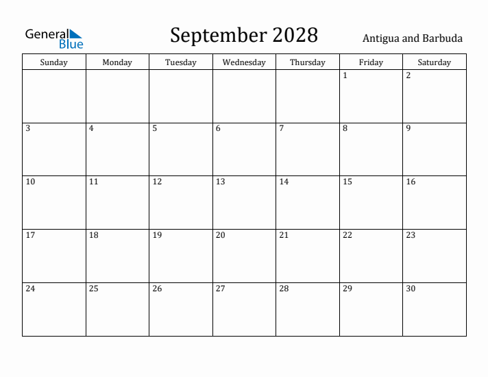 September 2028 Calendar Antigua and Barbuda