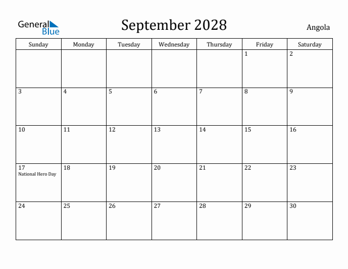 September 2028 Calendar Angola