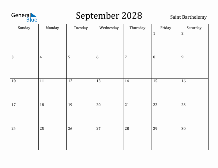 September 2028 Calendar Saint Barthelemy