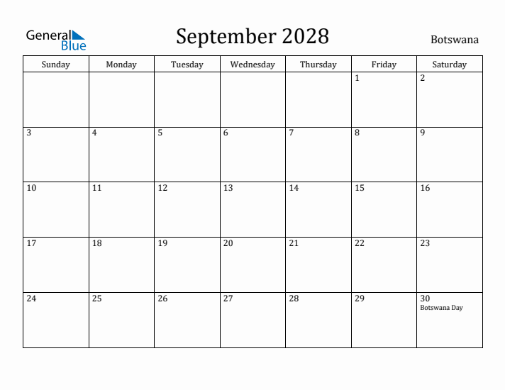 September 2028 Calendar Botswana