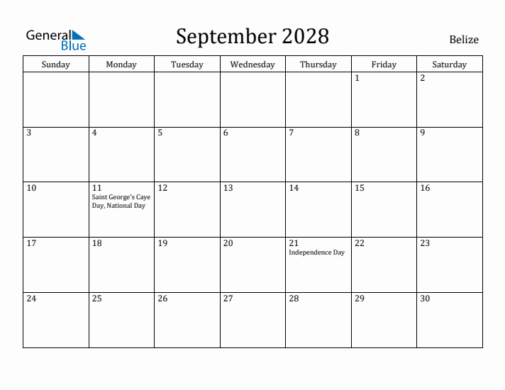 September 2028 Calendar Belize