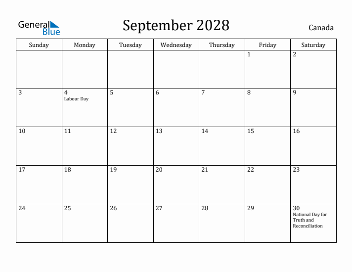 September 2028 Calendar Canada