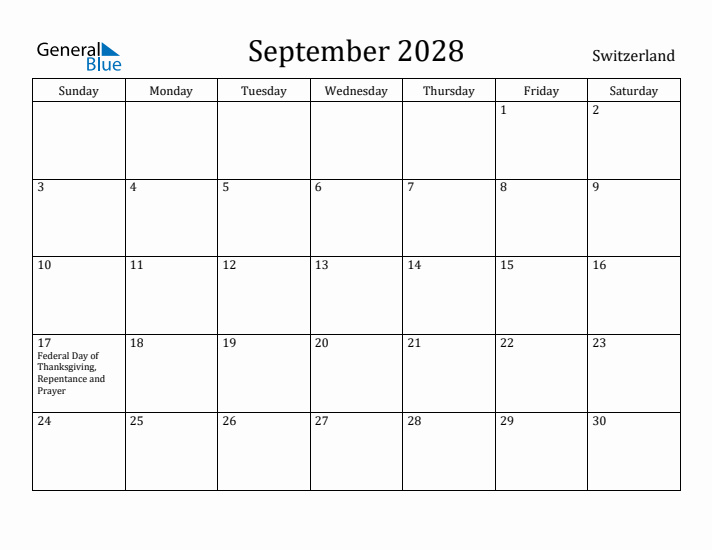 September 2028 Calendar Switzerland