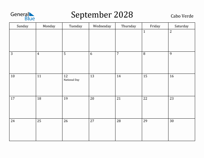 September 2028 Calendar Cabo Verde