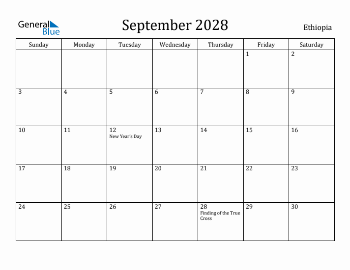 September 2028 Calendar Ethiopia