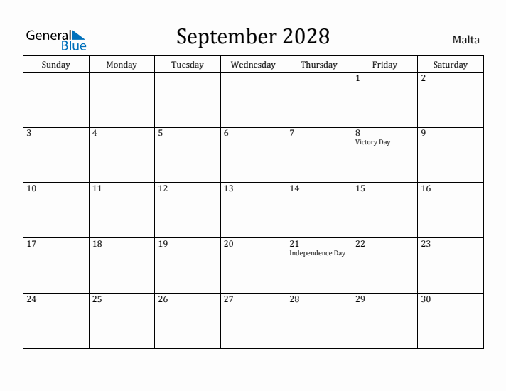 September 2028 Calendar Malta