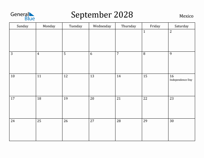 September 2028 Calendar Mexico