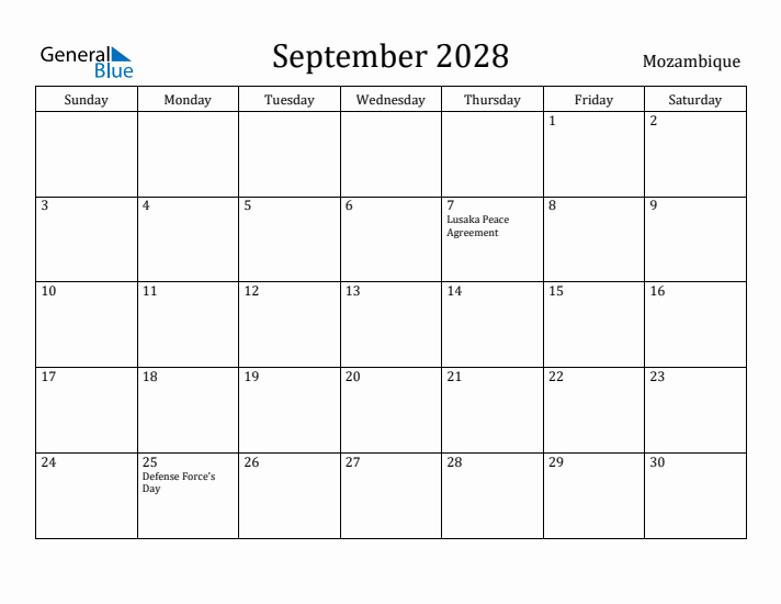 September 2028 Calendar Mozambique