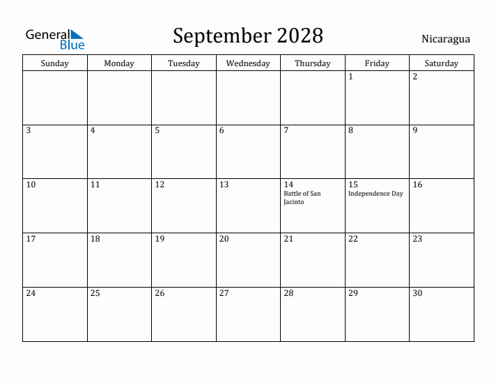 September 2028 Calendar Nicaragua