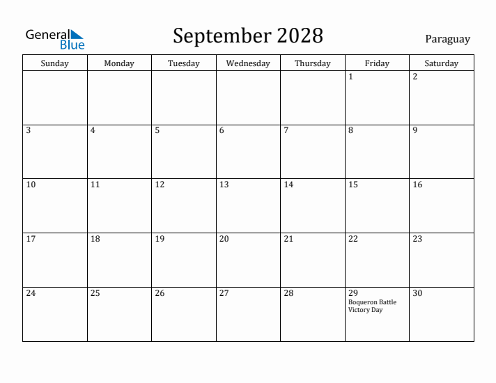 September 2028 Calendar Paraguay