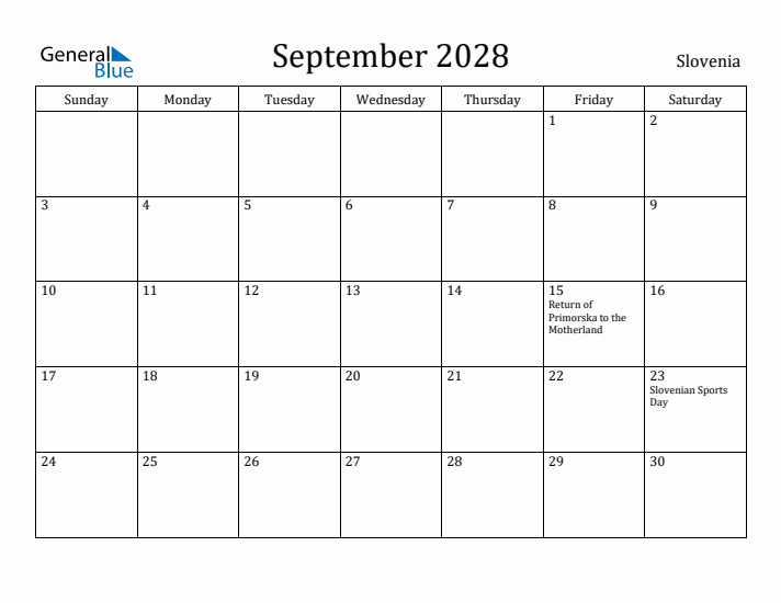 September 2028 Calendar Slovenia