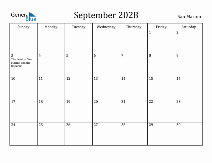 September 2028 Calendar San Marino