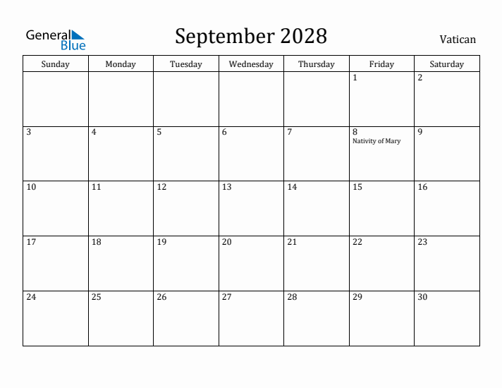 September 2028 Calendar Vatican