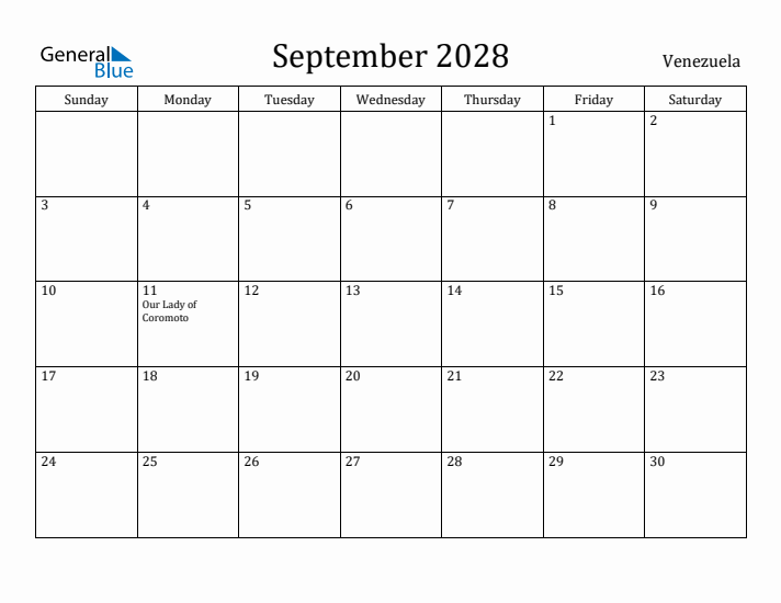 September 2028 Calendar Venezuela