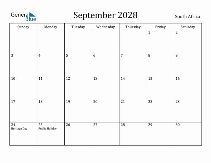 September 2028 Calendar South Africa