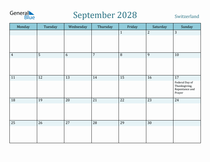 September 2028 Calendar with Holidays