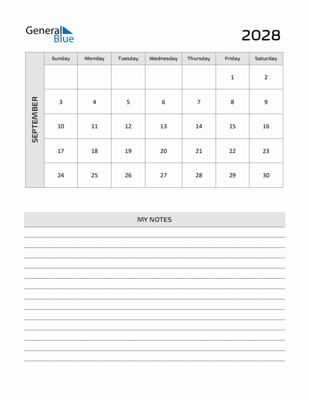 September 2028 Calendar Printable