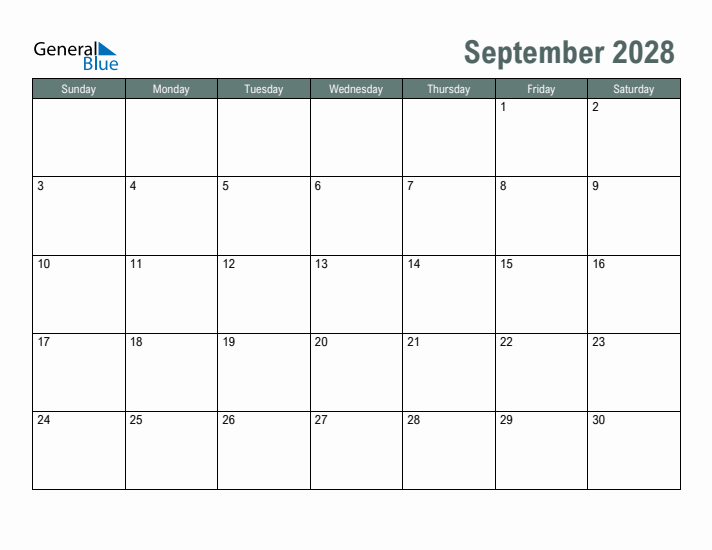 Free Printable September 2028 Calendar