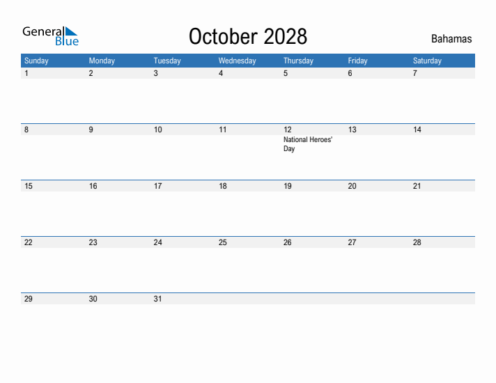 Fillable October 2028 Calendar