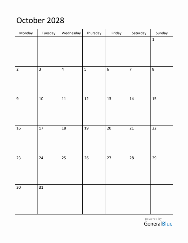 Monday Start Calendar for October 2028