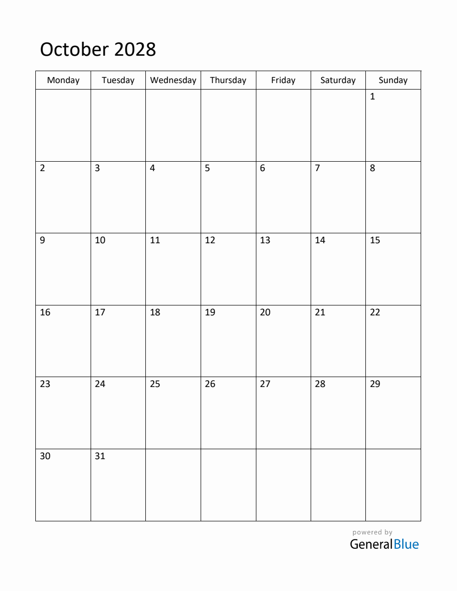 Editable October 2028 Monthly Calendar