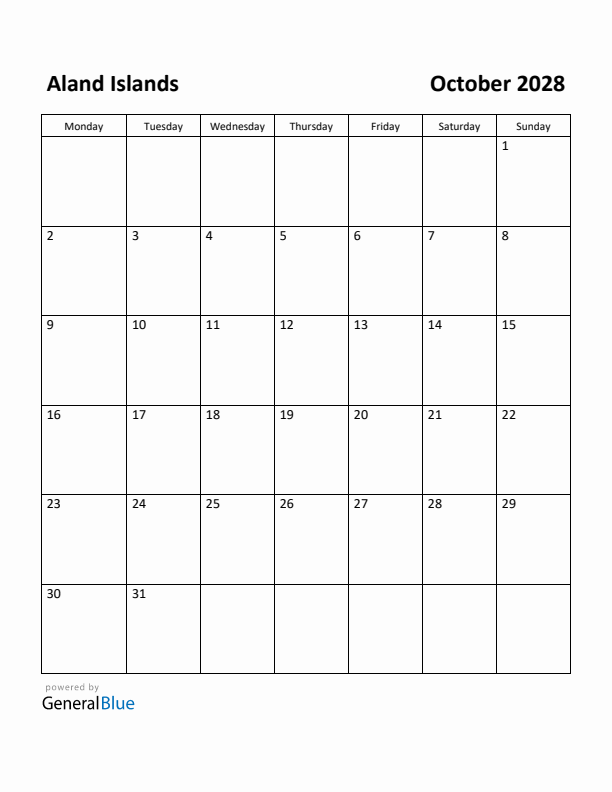 October 2028 Calendar with Aland Islands Holidays