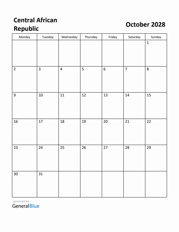 October 2028 Calendar with Central African Republic Holidays