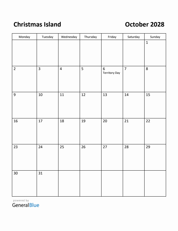 October 2028 Calendar with Christmas Island Holidays