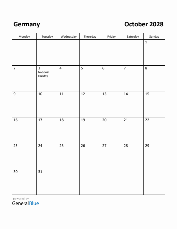October 2028 Calendar with Germany Holidays
