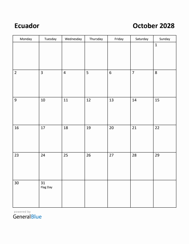 October 2028 Calendar with Ecuador Holidays