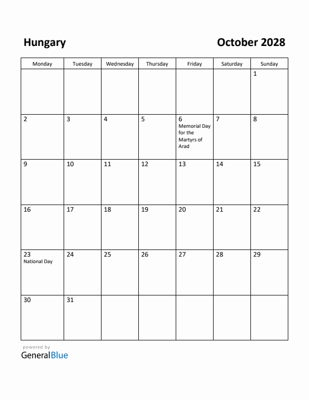 October 2028 Calendar with Hungary Holidays