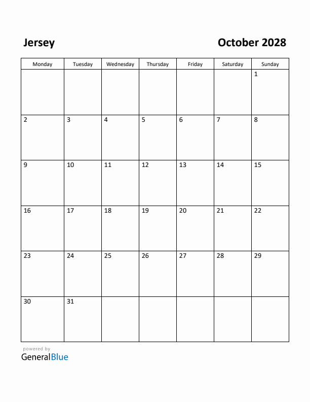 October 2028 Calendar with Jersey Holidays