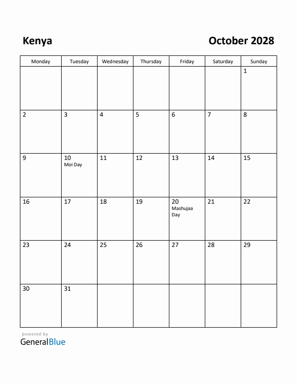 October 2028 Calendar with Kenya Holidays