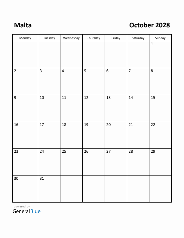 October 2028 Calendar with Malta Holidays